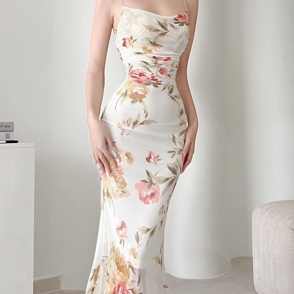 Spaghetti Strap Printed Sheer Mesh Fishtail Dress