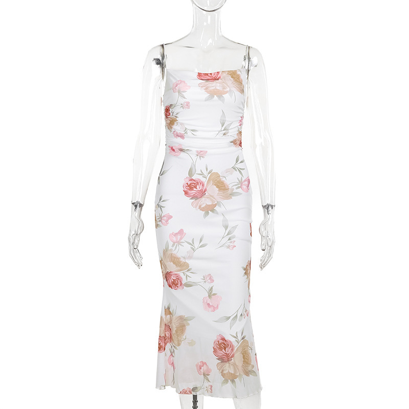 Spaghetti Strap Printed Sheer Mesh Fishtail Dress