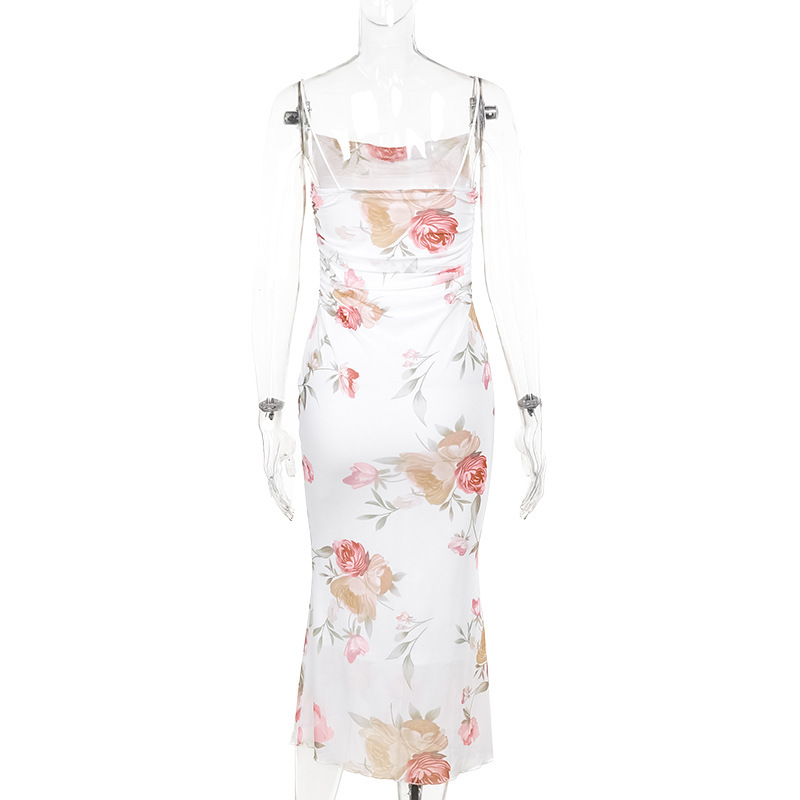 Spaghetti Strap Printed Sheer Mesh Fishtail Dress