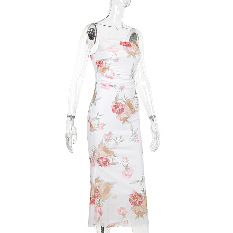 Spaghetti Strap Printed Sheer Mesh Fishtail Dress