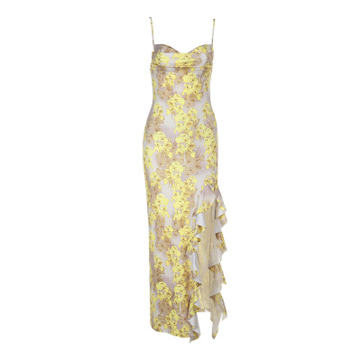 Spaghetti Strap Printed Ruffle Maxi Dress  01