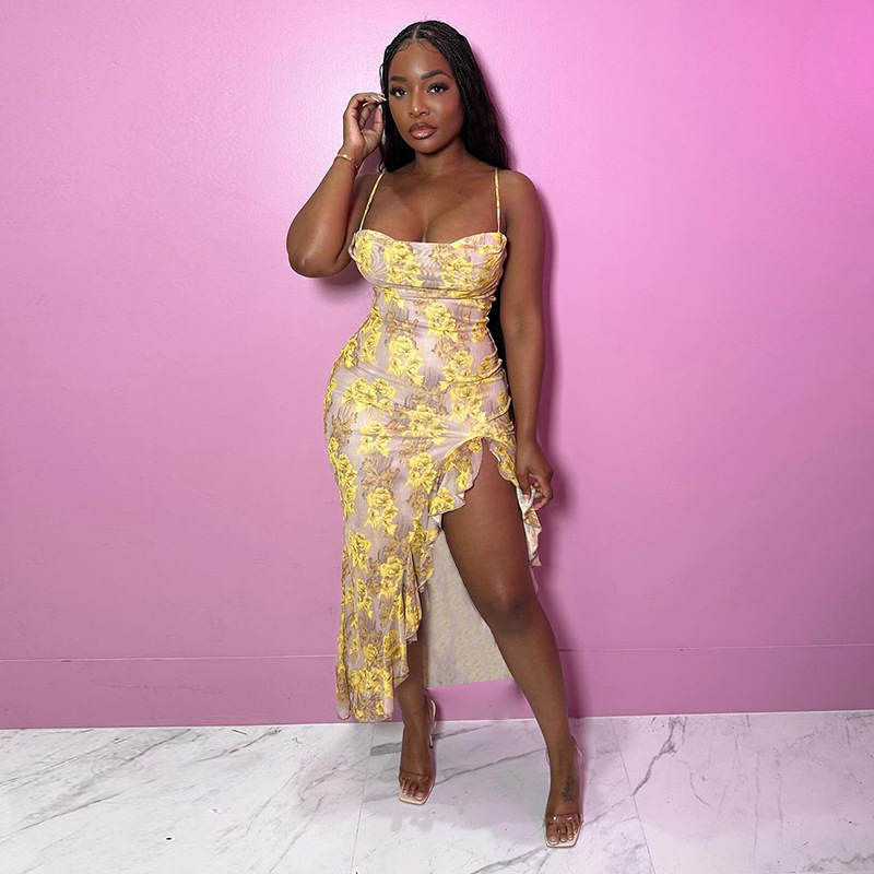 Spaghetti Strap Printed Ruffle Maxi Dress 