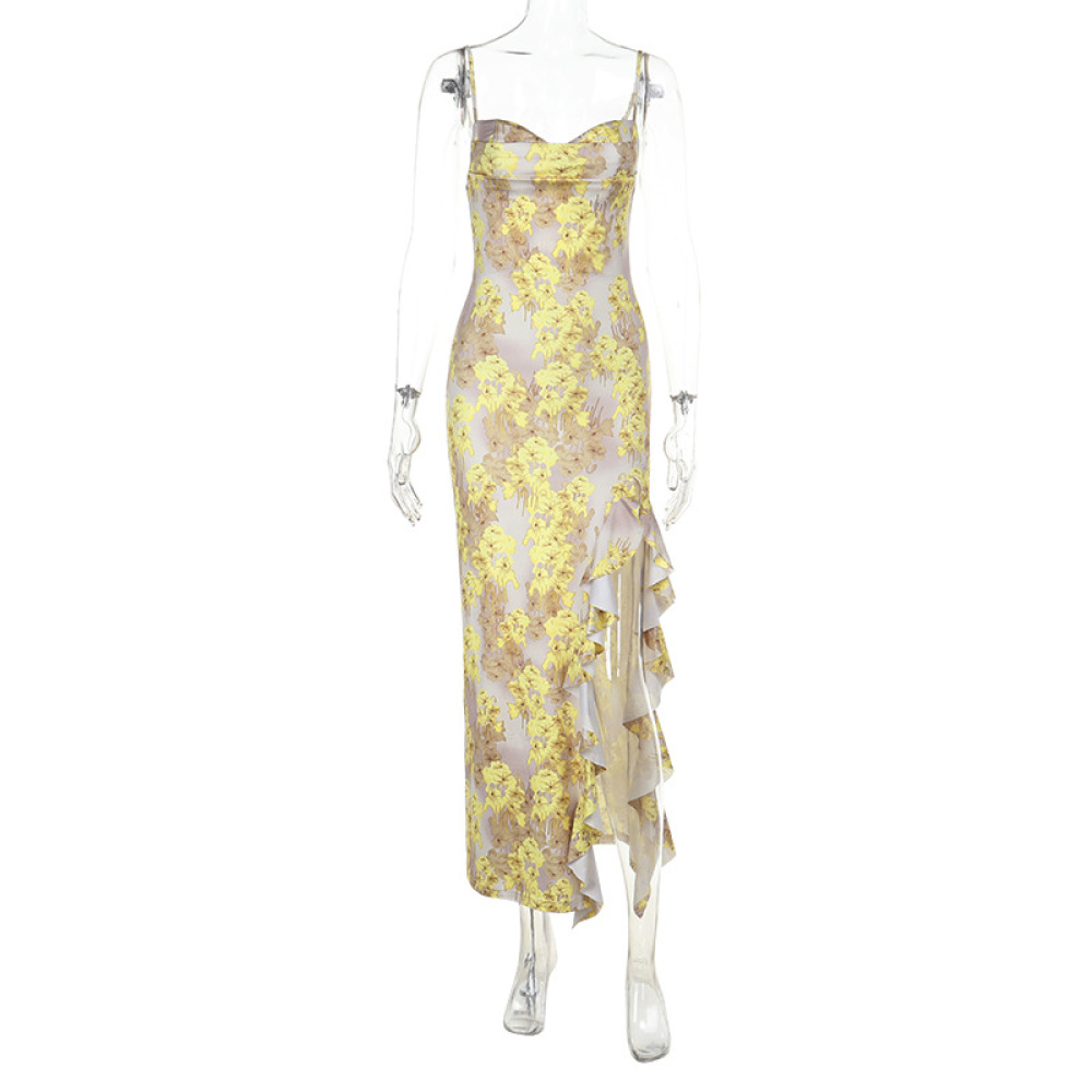 Spaghetti Strap Printed Ruffle Maxi Dress 