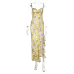 Spaghetti Strap Printed Ruffle Maxi Dress 