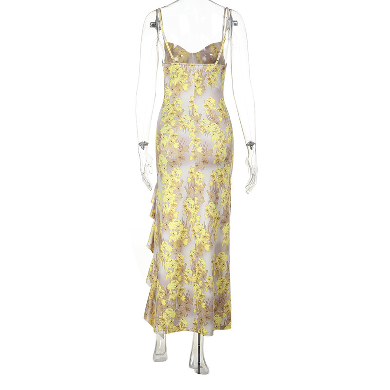 Spaghetti Strap Printed Ruffle Maxi Dress 