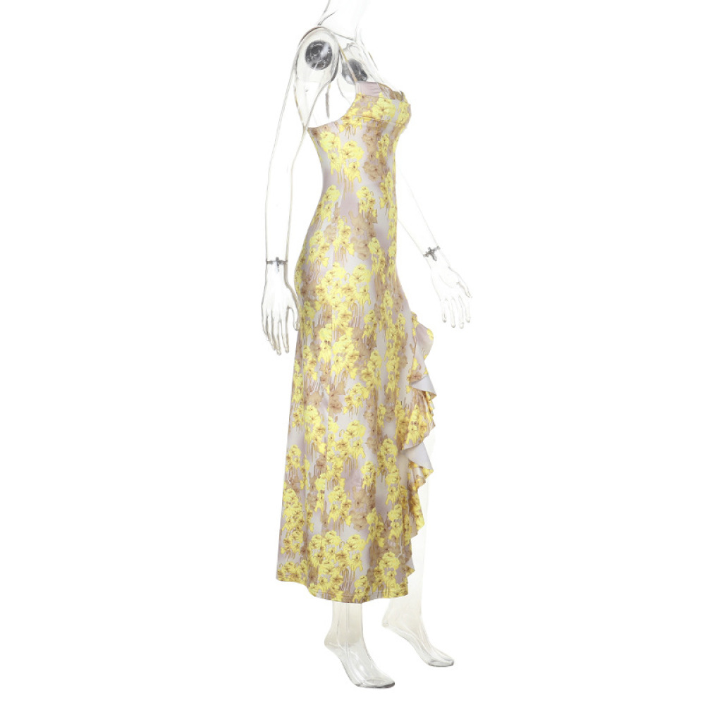 Spaghetti Strap Printed Ruffle Maxi Dress 