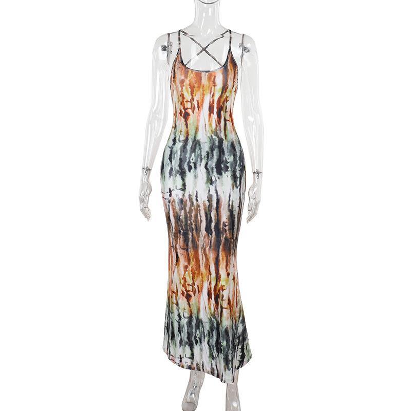 Women's Tie-Dye Gradient Backless Maxi Dress