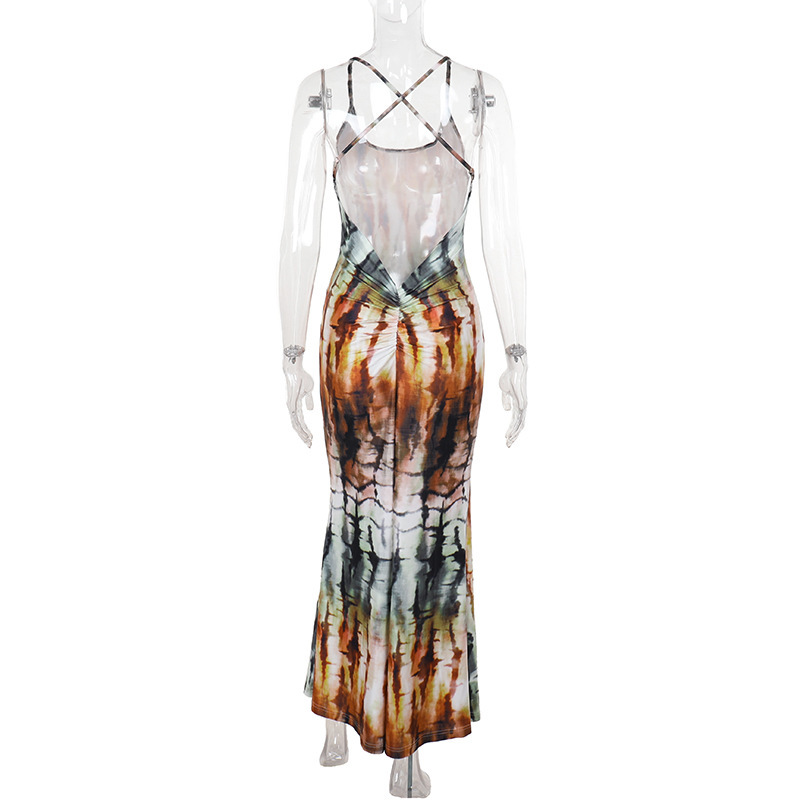 Women's Tie-Dye Gradient Backless Maxi Dress
