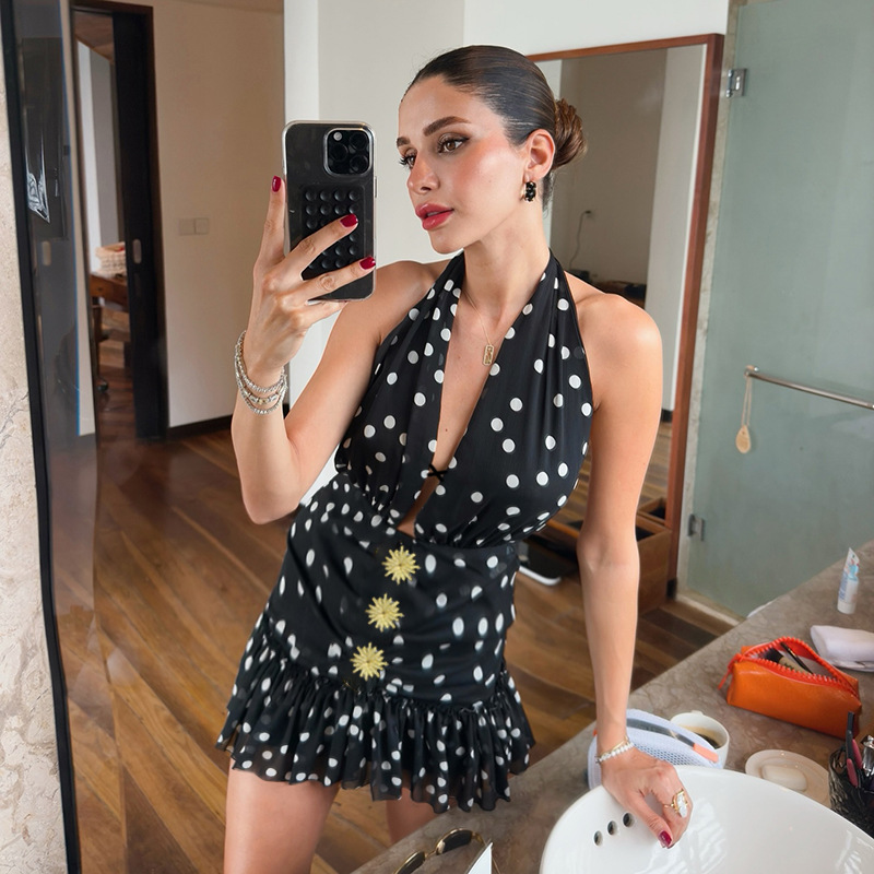 Sexy Polka Dot Deep V-Neck Mini Dress