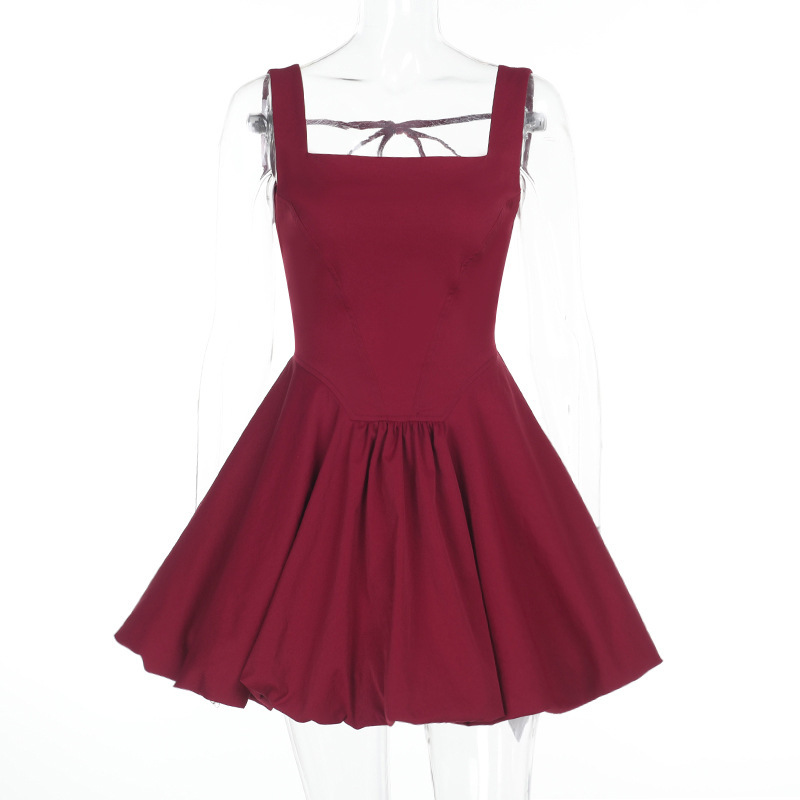 Solid Color Square Neck Fitted Puff Sleeve Mini Dress