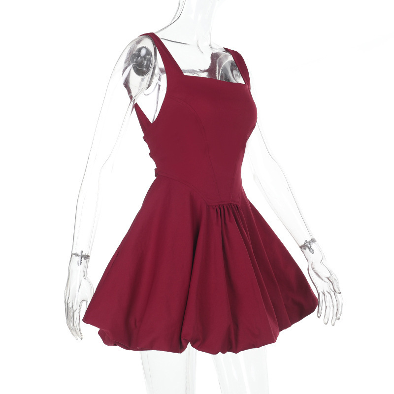 Solid Color Square Neck Fitted Puff Sleeve Mini Dress