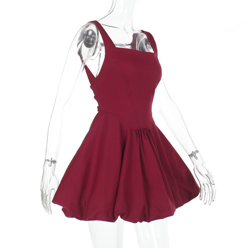 Solid Color Square Neck Fitted Puff Sleeve Mini Dress