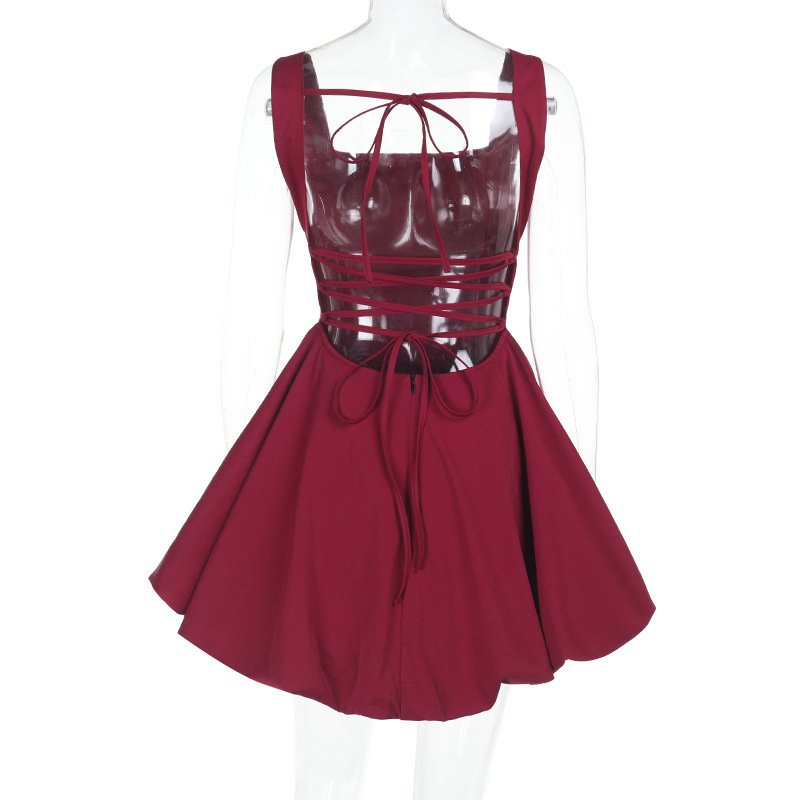 Solid Color Square Neck Fitted Puff Sleeve Mini Dress