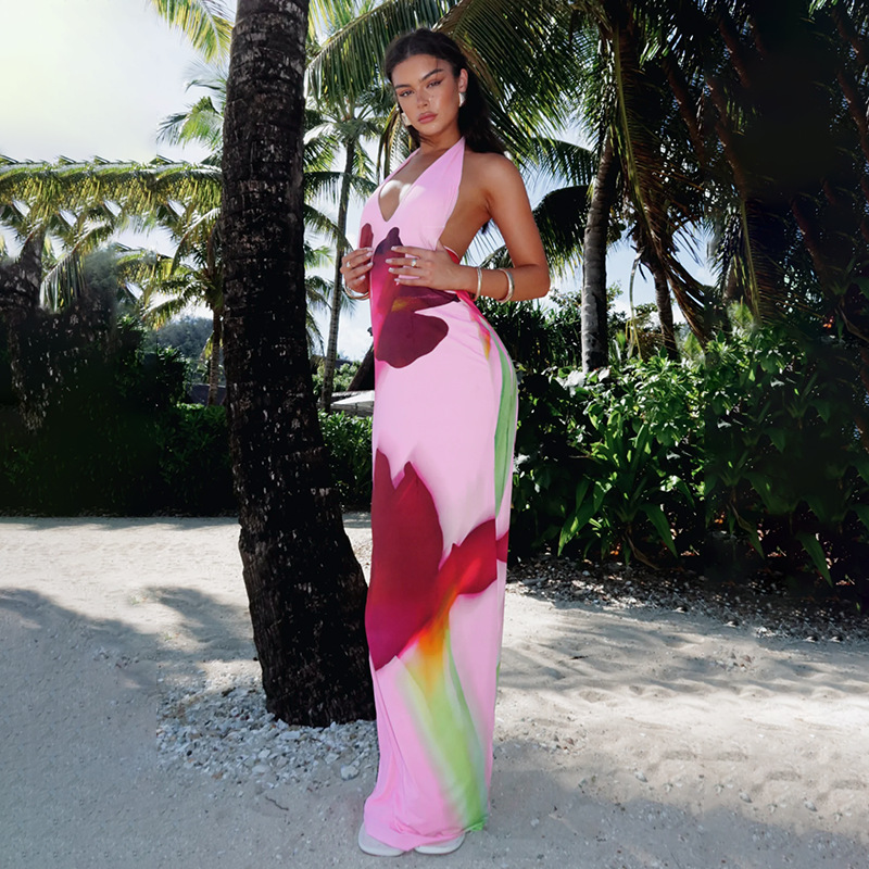 Women's Floral Bodycon Maxi Dress with Open Back