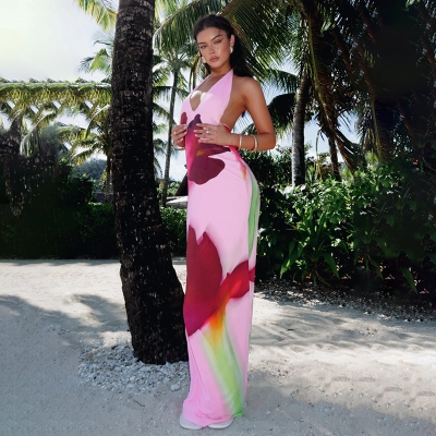 Women's Floral Bodycon Maxi Dress with Open Back 02