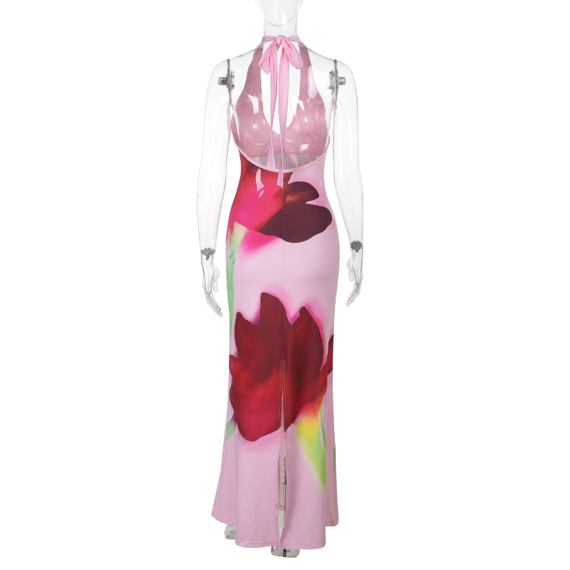 Women's Floral Bodycon Maxi Dress with Open Back