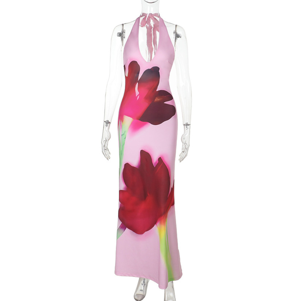 Women's Floral Bodycon Maxi Dress with Open Back