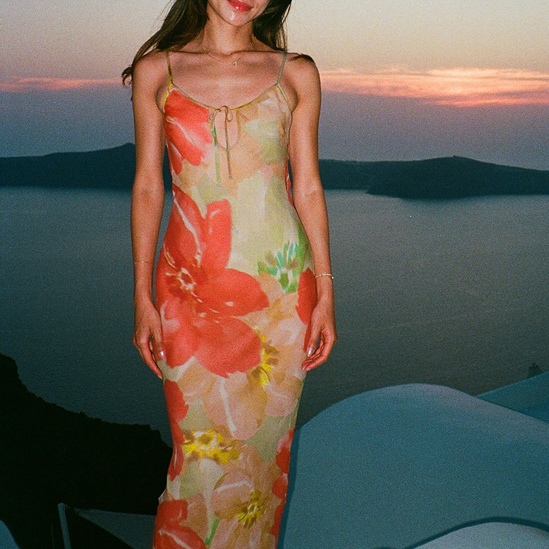 Spaghetti Strap Sheer Cutout Floral Maxi Dress