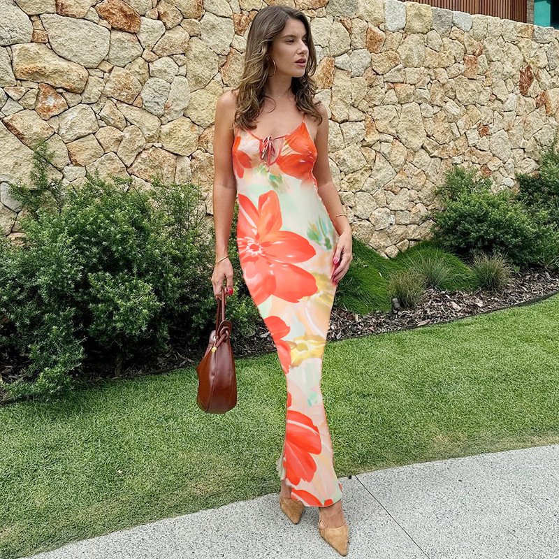 Spaghetti Strap Sheer Cutout Floral Maxi Dress
