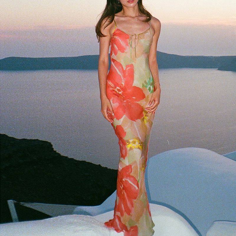 Spaghetti Strap Sheer Cutout Floral Maxi Dress