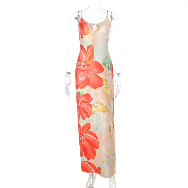 Spaghetti Strap Sheer Cutout Floral Maxi Dress