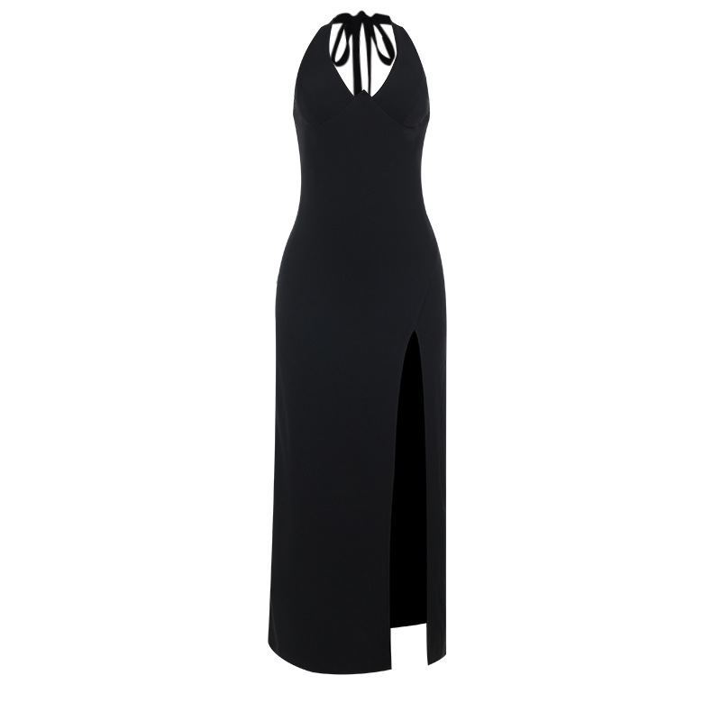V-Neck Bodycon Gown with Ruched Waist Sexy Halter Neck Maxi Dress 
