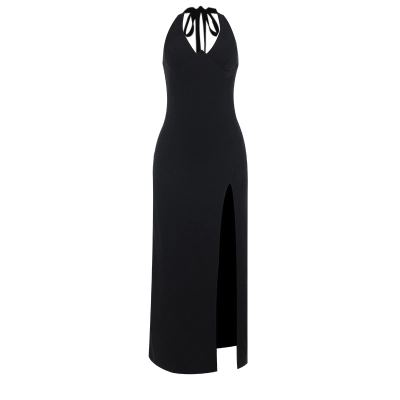 V-Neck Bodycon Gown with Ruched Waist Sexy Halter Neck Maxi Dress  01
