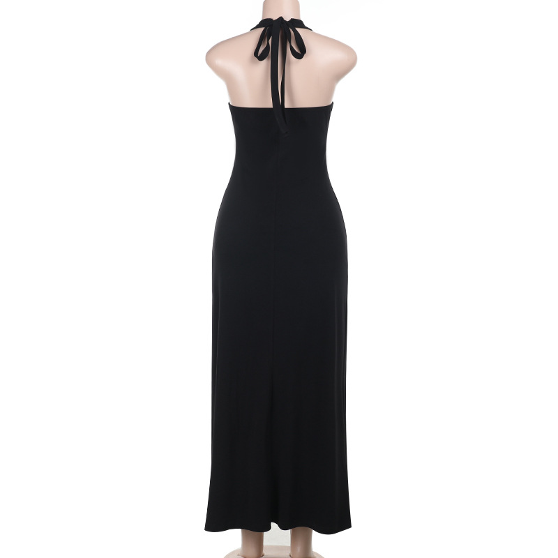 V-Neck Bodycon Gown with Ruched Waist Sexy Halter Neck Maxi Dress 