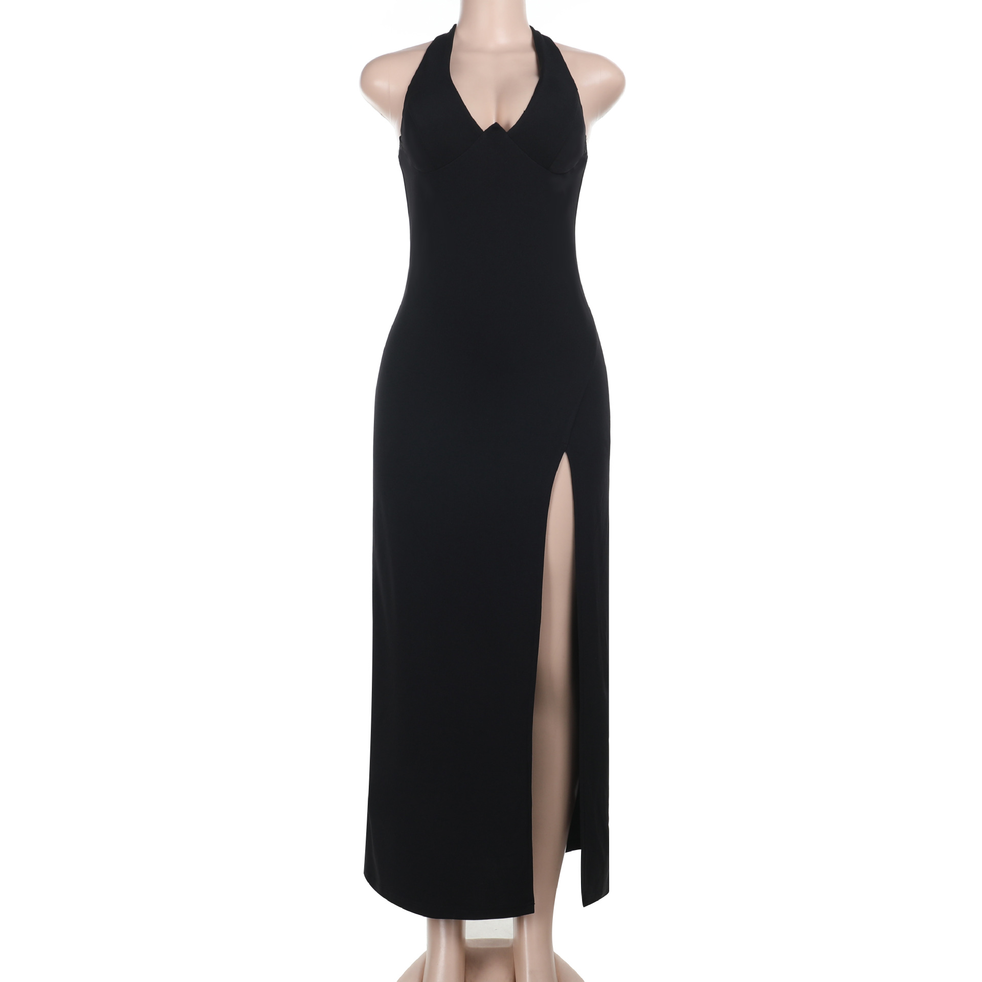 V-Neck Bodycon Gown with Ruched Waist Sexy Halter Neck Maxi Dress 