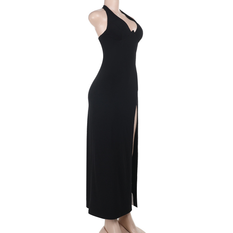 V-Neck Bodycon Gown with Ruched Waist Sexy Halter Neck Maxi Dress 