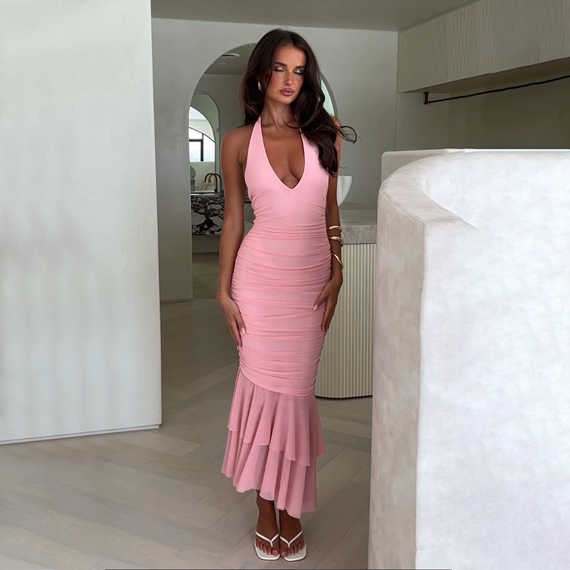 Women's Sexy Deep V Halter Maxi Dress