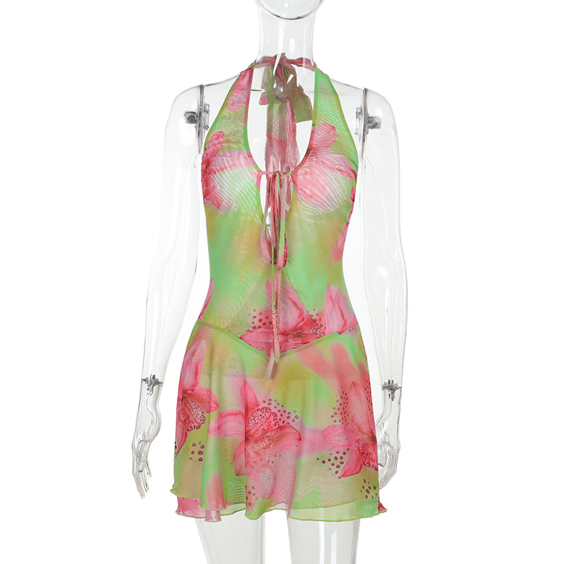 2025 New French-Inspired Resort Wear Printed Backless Midi Dress 