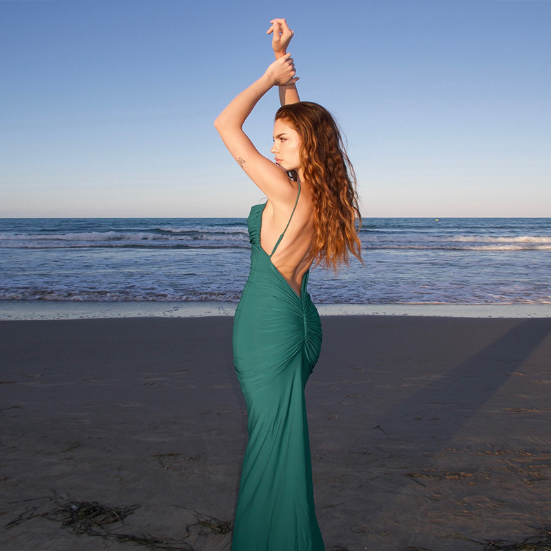 2025 Summer New Backless Ruched Bodycon Long Dress for Women