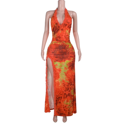 European Style Elegant Floral Print Slit Maxi Dress 01