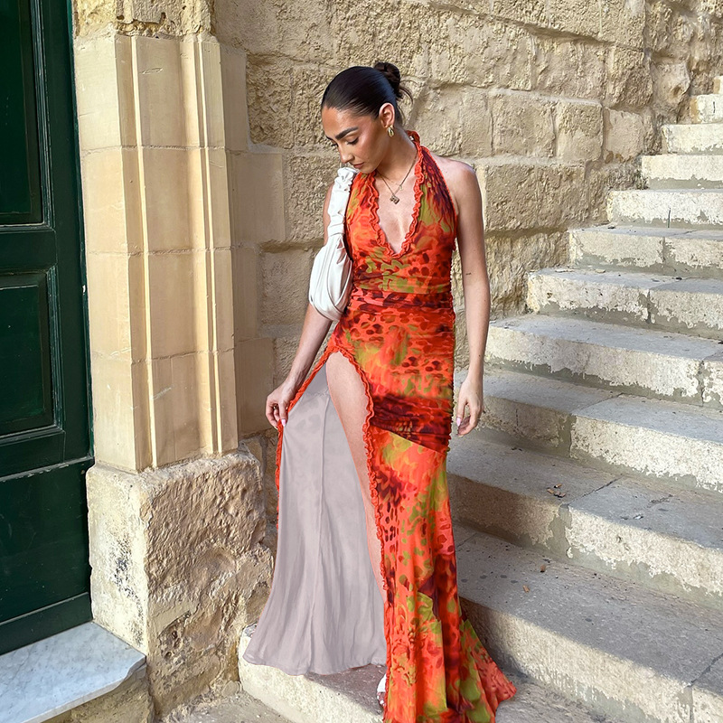 European Style Elegant Floral Print Slit Maxi Dress