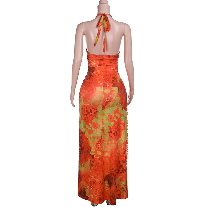 European Style Elegant Floral Print Slit Maxi Dress