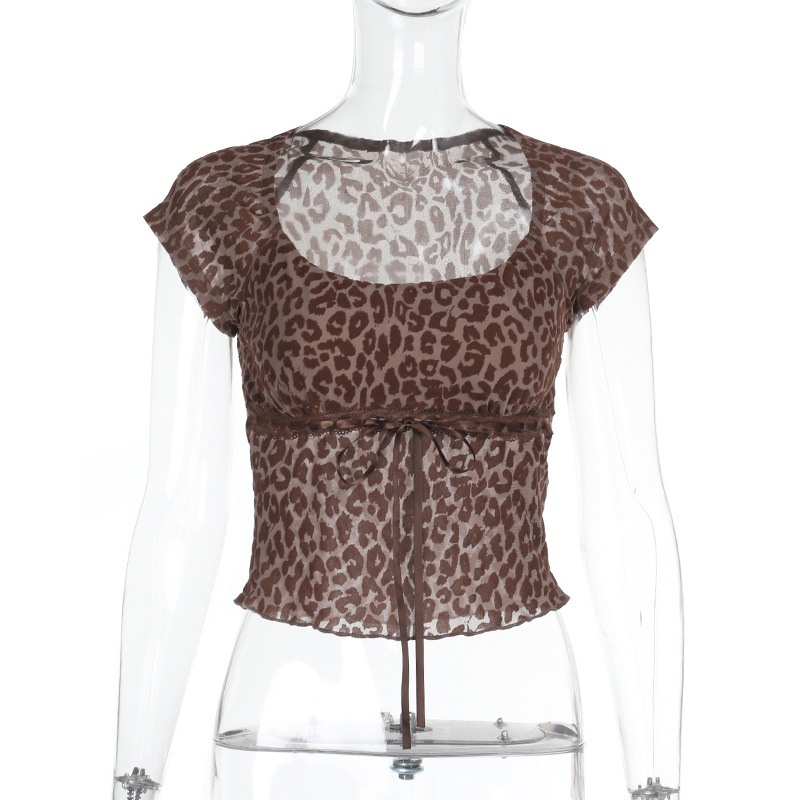 Square Neck Bow Print Short Sleeve Top