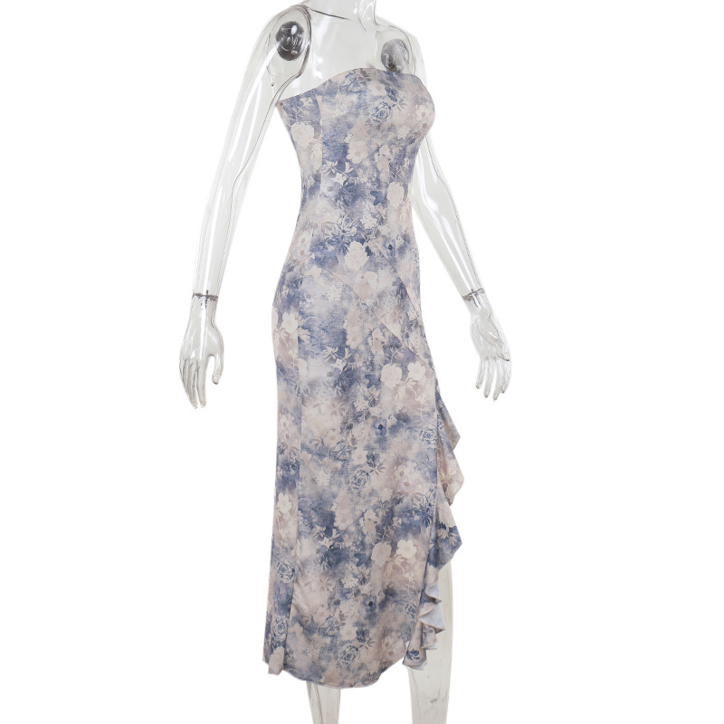 French Style Floral Print Ruffled Off-The-Shoulder Maxi Dress