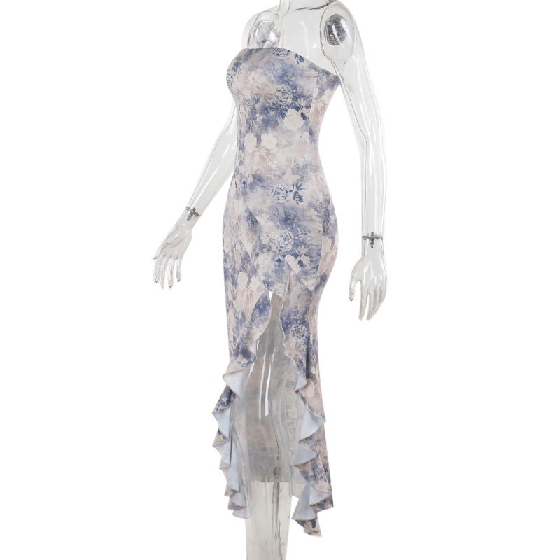 French Style Floral Print Ruffled Off-The-Shoulder Maxi Dress