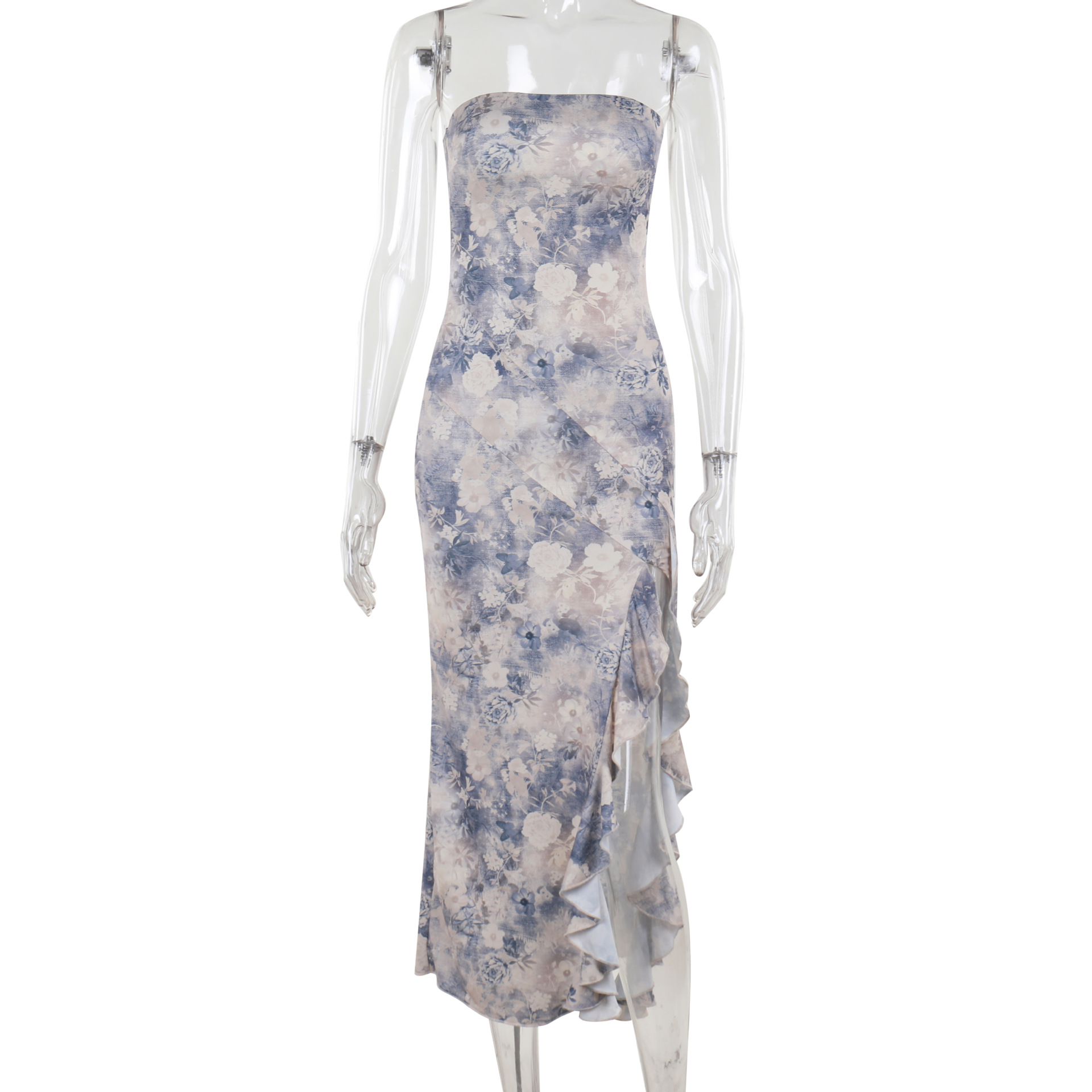 French Style Floral Print Ruffled Off-The-Shoulder Maxi Dress