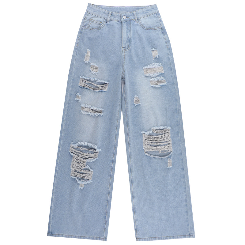 Women's Ripped Wide Leg Jeans  High-Waisted Straight Loose Fit Long Denim Pants