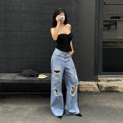 Women's Ripped Wide Leg Jeans  High-Waisted Straight Loose Fit Long Denim Pants 02
