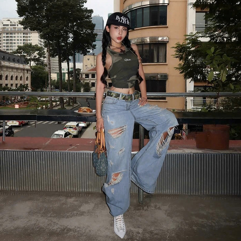 Women's Ripped Wide Leg Jeans  High-Waisted Straight Loose Fit Long Denim Pants