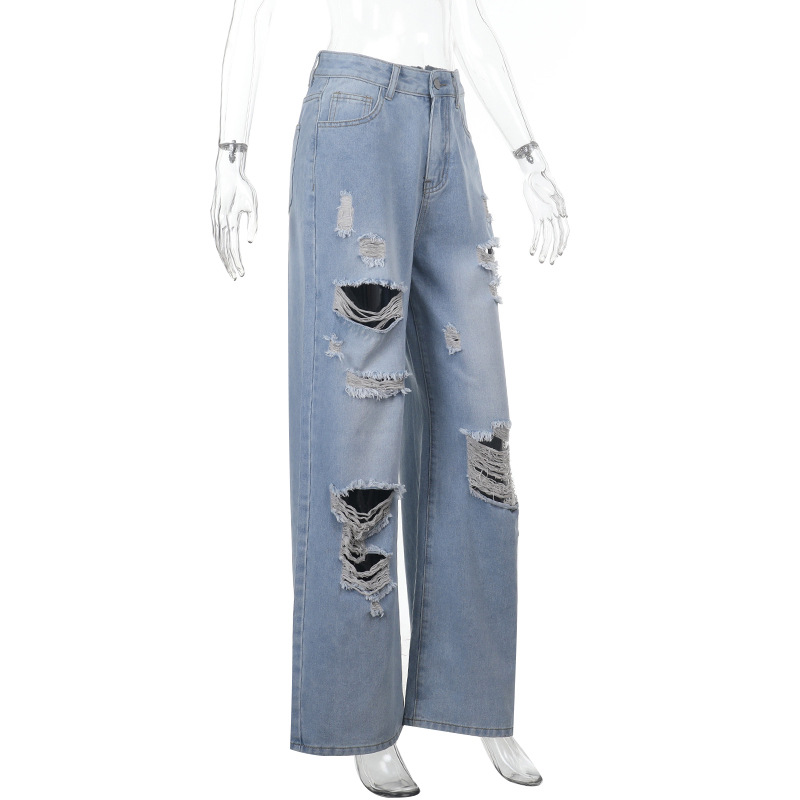 Women's Ripped Wide Leg Jeans  High-Waisted Straight Loose Fit Long Denim Pants