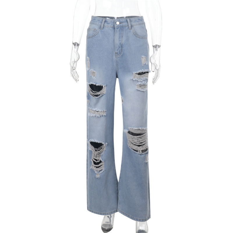 Women's Ripped Wide Leg Jeans  High-Waisted Straight Loose Fit Long Denim Pants