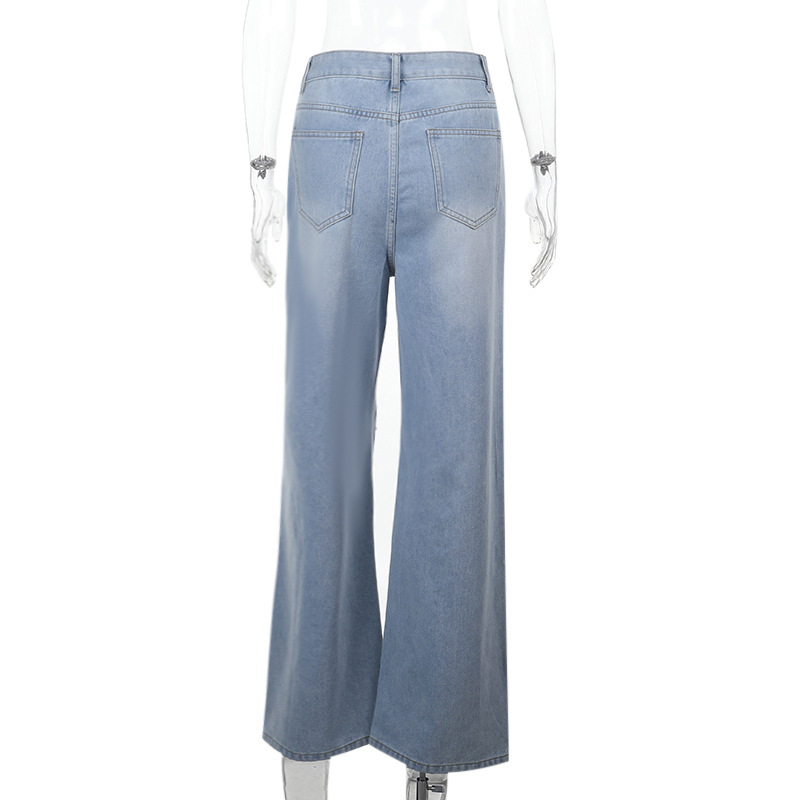 Women's Ripped Wide Leg Jeans  High-Waisted Straight Loose Fit Long Denim Pants