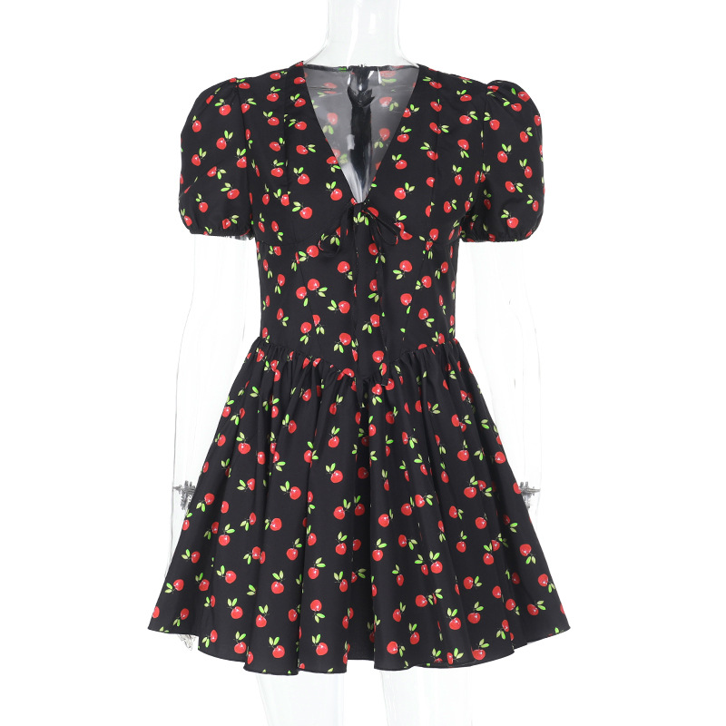 Puff Sleeve Floral  Summer New V-Neck Smocked Waist A-Line Mini Dress