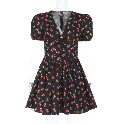 Puff Sleeve Floral  Summer New V-Neck Smocked Waist A-Line Mini Dress 01