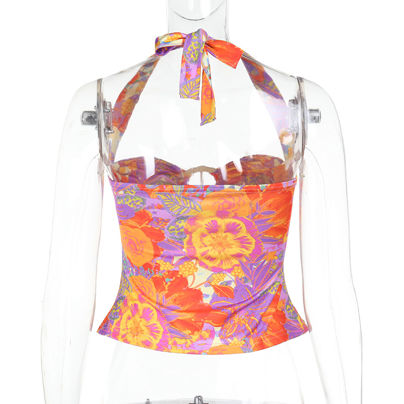Women's Printed Halter Neck Tie-Front Crop Top