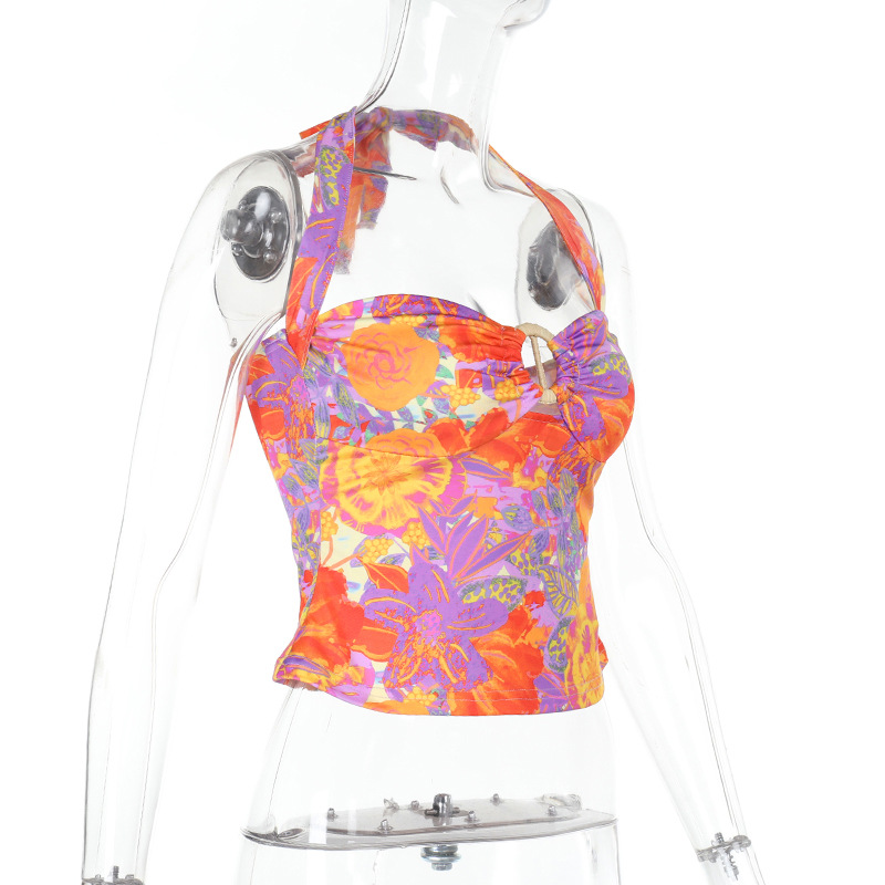 Women's Printed Halter Neck Tie-Front Crop Top